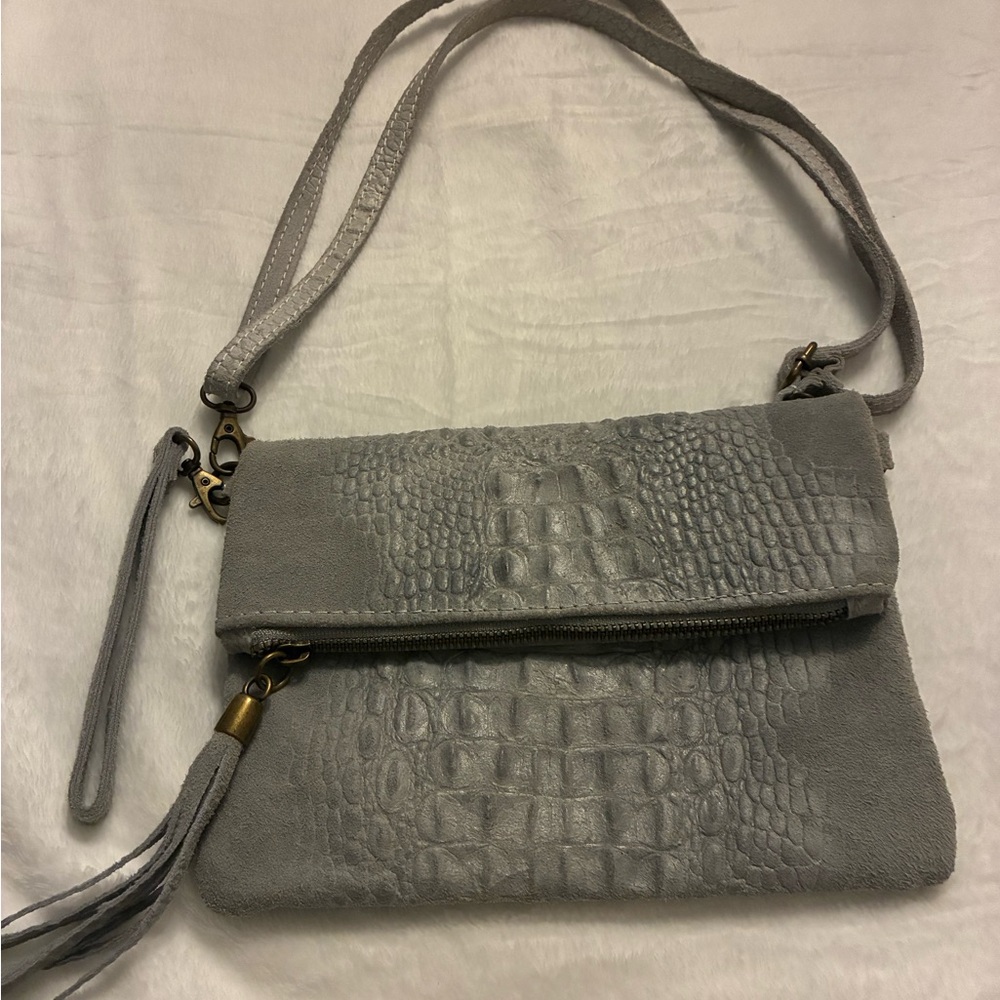 Elegant Gray Crocodile-Embossed Purse